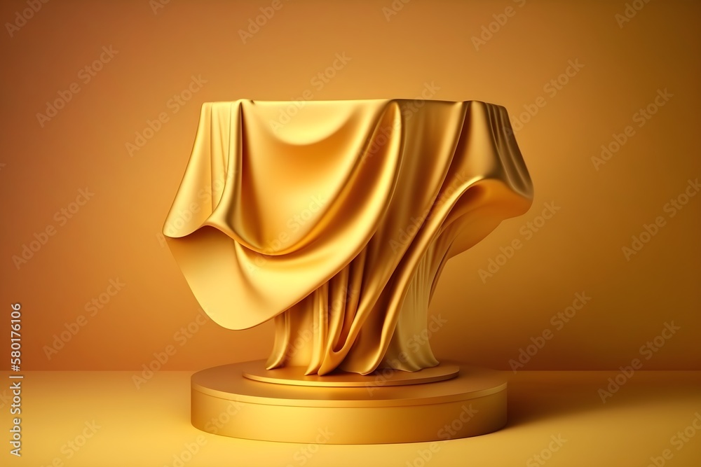 3d Luxury Podium for Premium Product Display with golden drappery on it, Empty golden podium for showcasing products against luxury background, low angle golden podium with drappery, generative ai 3d Luxury Podium for Premium Product Display with golden drappery on it, Empty golden podium for showcasing products against luxury background, low angle golden podium with drappery, generative ai
