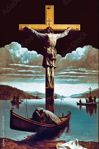 Surrealist painting of a crucified Christ above a lake - generativ ai