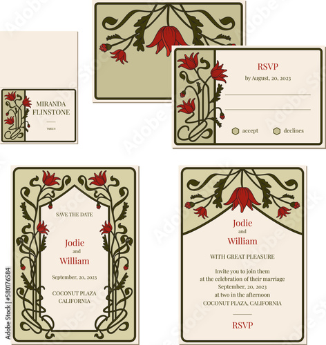  Wedding vintage cards art nouveau with vector floral botanical elements. Epoch 1920's 1930's and 1940's Gangster Era Invititation. Set of two wedding cards with envelope in retro style 
