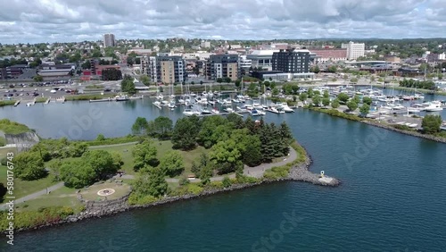 Aerial view of Thunder Bay Ontario Canada Prince Arthur's Landing water front with beautiful blue sky white clouds