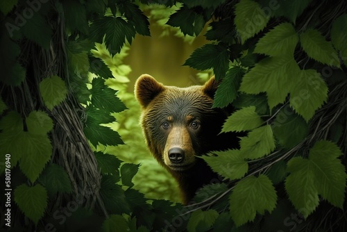 Bear peeks out from around corner on green leaves, concept of Camouflage and Curiosity, created with Generative AI technology