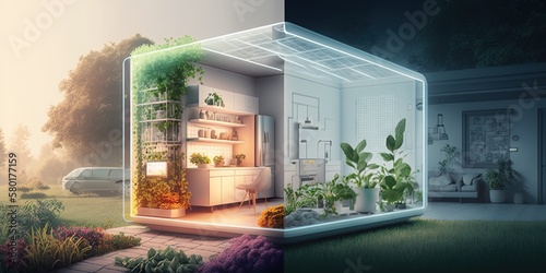 smart house with botanical garden uses ai to monitor and adjust the temperature humidity and lighting for optimal plant growth, concept of vegetation management, created with Generative AI technology