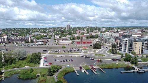 Aerial view of Thunder Bay Ontario Canada Prince Arthur's Landing water front with beautiful blue sky white clouds