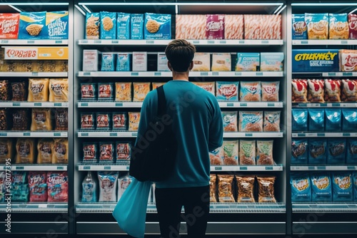 Person buying generic brand items instead of more expensive options, concept of Cost Consciousness and Bargain Shopping, created with Generative AI technology photo