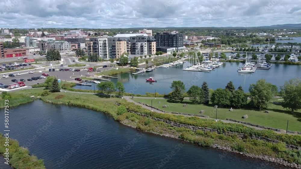Aerial view of Thunder Bay Ontario Canada Prince Arthur's Landing water front with beautiful blue sky white clouds