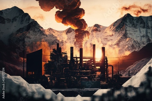 foundry foundry double exposure against background of mountains covered with snow at sunset, created with generative ai