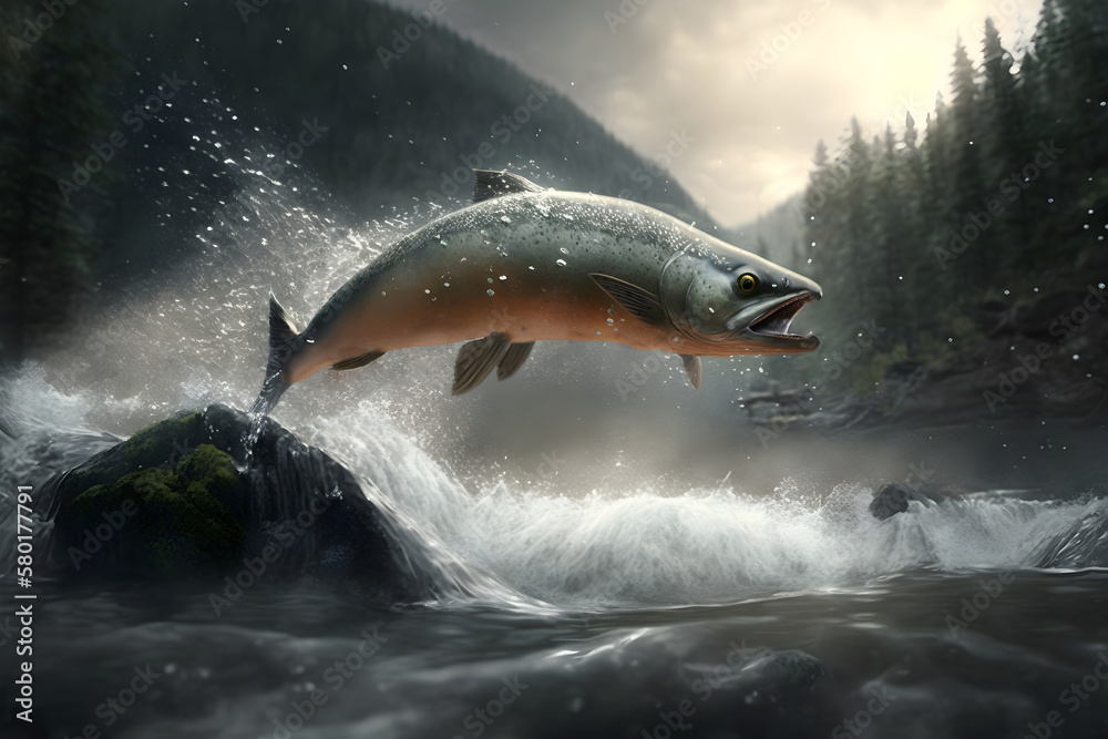 Fototapeta premium steelhead salmon jumps out of the water generated by ai