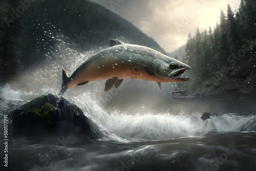 steelhead salmon jumps out of the water generated by ai