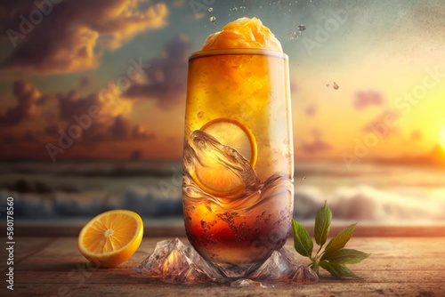 Makana Cocktail in tiki-style glass with tropical flavors at the sunlight. Horizontal illustration. Generative AI photo