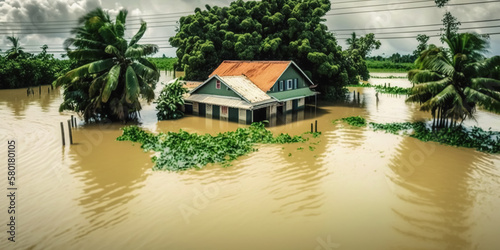 A severe tropical storm with heavy rainfall caused a major flooding, and the floodwaters inundated houses. The inclement weather resulted in the flooding. digital ai art © Viks_jin