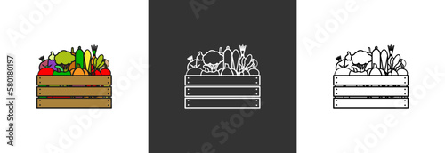 A wooden box with various vegetables. Vegan box icon.