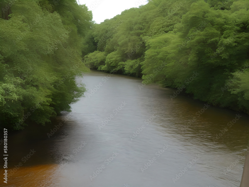 River Through a Forest with Overhanging Trees Landscape Background Generative AI illustration River Through a Forest with Overhanging Trees Landscape Background Generative AI illustration