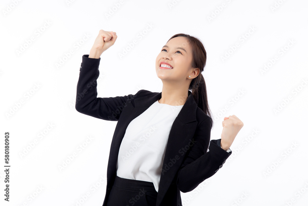 Portrait beautiful businesswoman in suit standing with glad and success isolated on white background, young asian business woman is manager or executive smile with confident and excited for victory. Portrait beautiful businesswoman in suit standing with glad and success isolated on white background, young asian business woman is manager or executive smile with confident and excited for victory.
