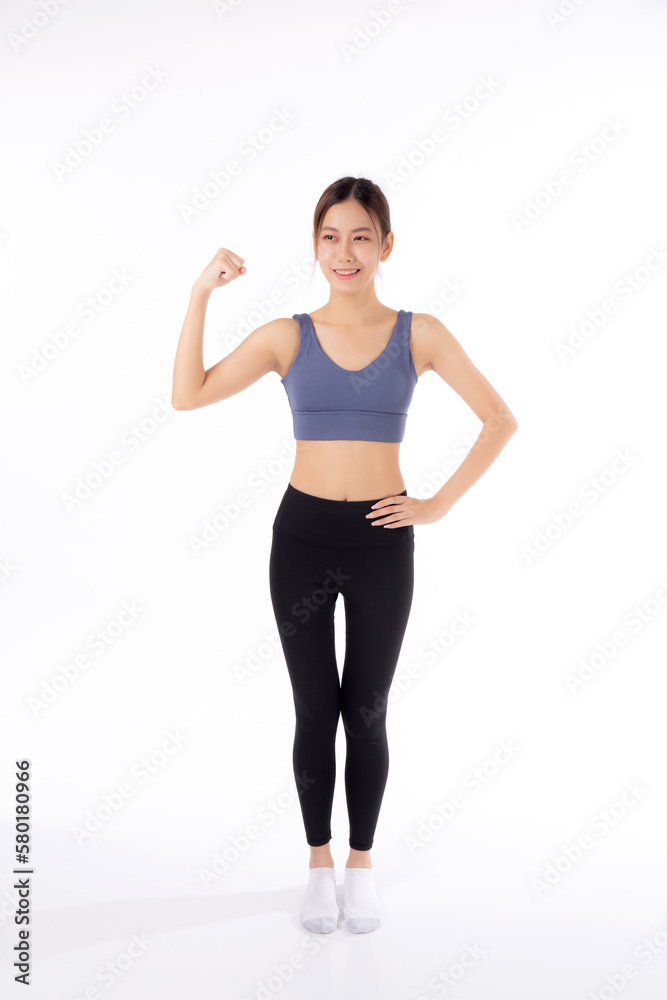Portrait of beautiful young asian woman in sportwear showing strong muscles isolated on white background, sport and exercise for health, training and strength, female slimming with confident. Portrait of beautiful young asian woman in sportwear showing strong muscles isolated on white background, sport and exercise for health, training and strength, female slimming with confident.