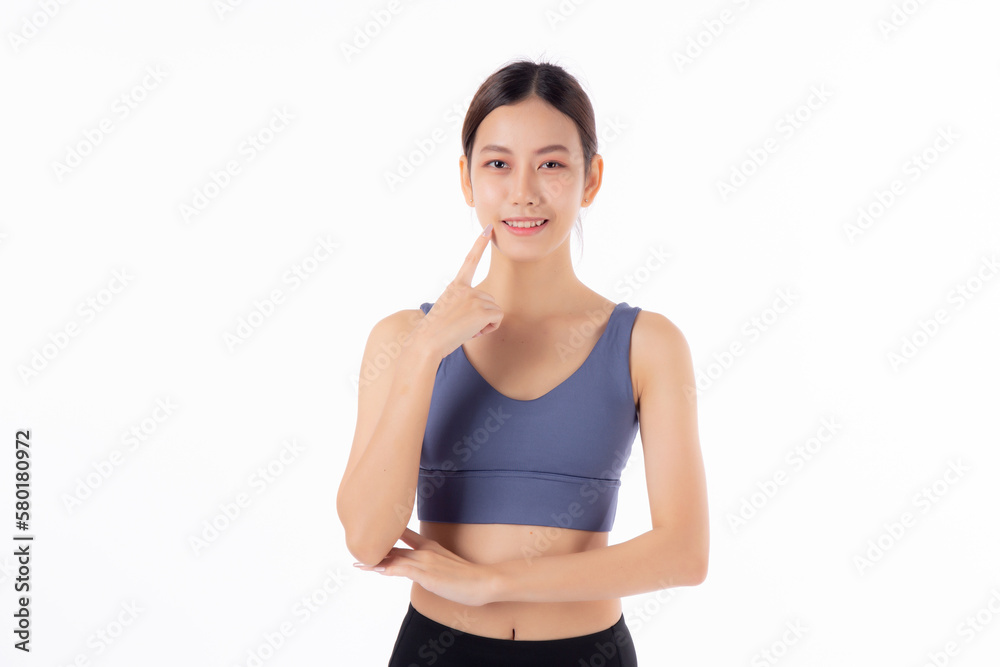 Portrait of beautiful young asian woman in sportwear smile and thinking isolated on white background, sport and exercise for health and weightloss, female and slimming with confident and wellness. Portrait of beautiful young asian woman in sportwear smile and thinking isolated on white background, sport and exercise for health and weightloss, female and slimming with confident and wellness.