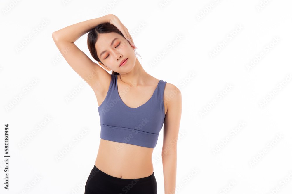 Beautiful young asian woman stretching neck with hands for exercise yoga and relax isolated on white background, female and workout for therapy and office syndrome, sport and health care concept. Beautiful young asian woman stretching neck with hands for exercise yoga and relax isolated on white background, female and workout for therapy and office syndrome, sport and health care concept.