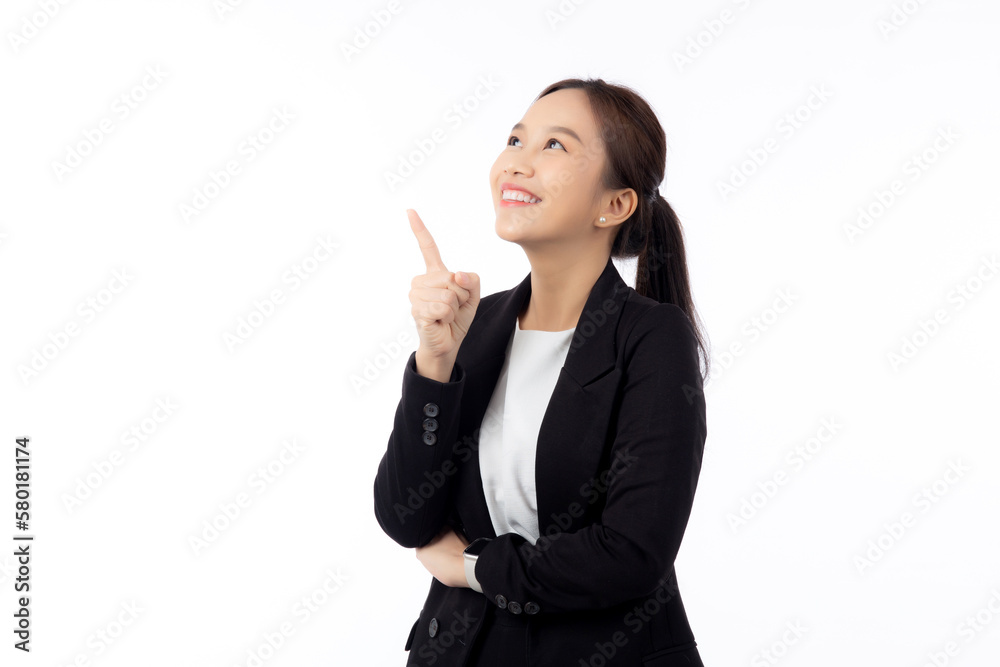 Portrait young asian business woman pointing and presenting isolated on white background, advertising and marketing, executive and manager, businesswoman confident showing something with expression. Portrait young asian business woman pointing and presenting isolated on white background, advertising and marketing, executive and manager, businesswoman confident showing something with expression.
