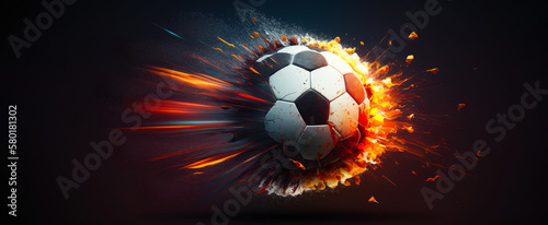 Super high velocity soccer ball, with fire bursting out. A soccer ball or football of typical black and white hex design, imploding and heating up at super high speed and power. Generative AI.  photo