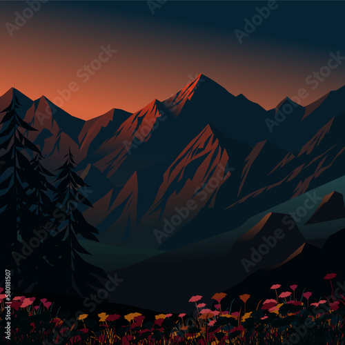 Peaceful mountain sunset landscape with flowers and trees