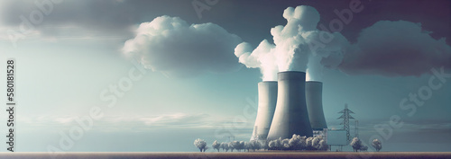 A typical nuclear reactor in the distance. A scene with a nuclear electric generation plant with steam coming out from the top.   Pastel tone. Generative AI. photo