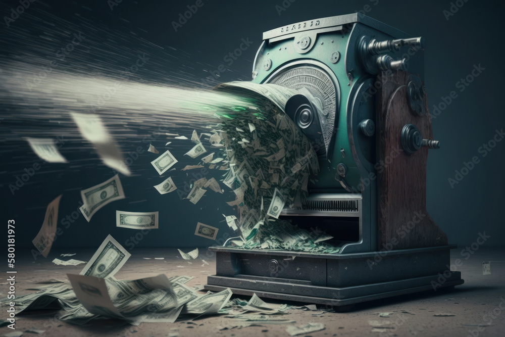 Dollars are destroyed in a huge shredder. US financial crisis 2023