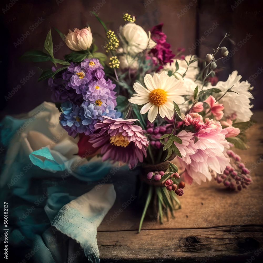 Obraz premium A bouquet of colorful flowers on a rustic wooden table, Ai