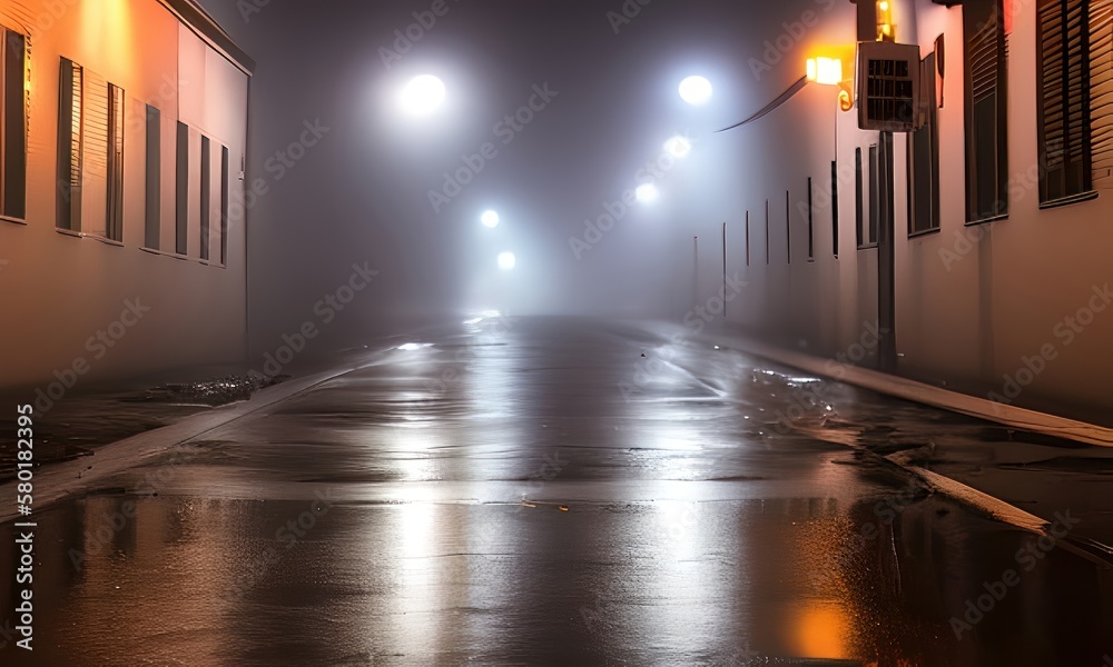 Landscape Dark Hazy Wet Ground City Street or Alley at Night Generative AI Illustration Landscape Dark Hazy Wet Ground City Street or Alley at Night Generative AI Illustration