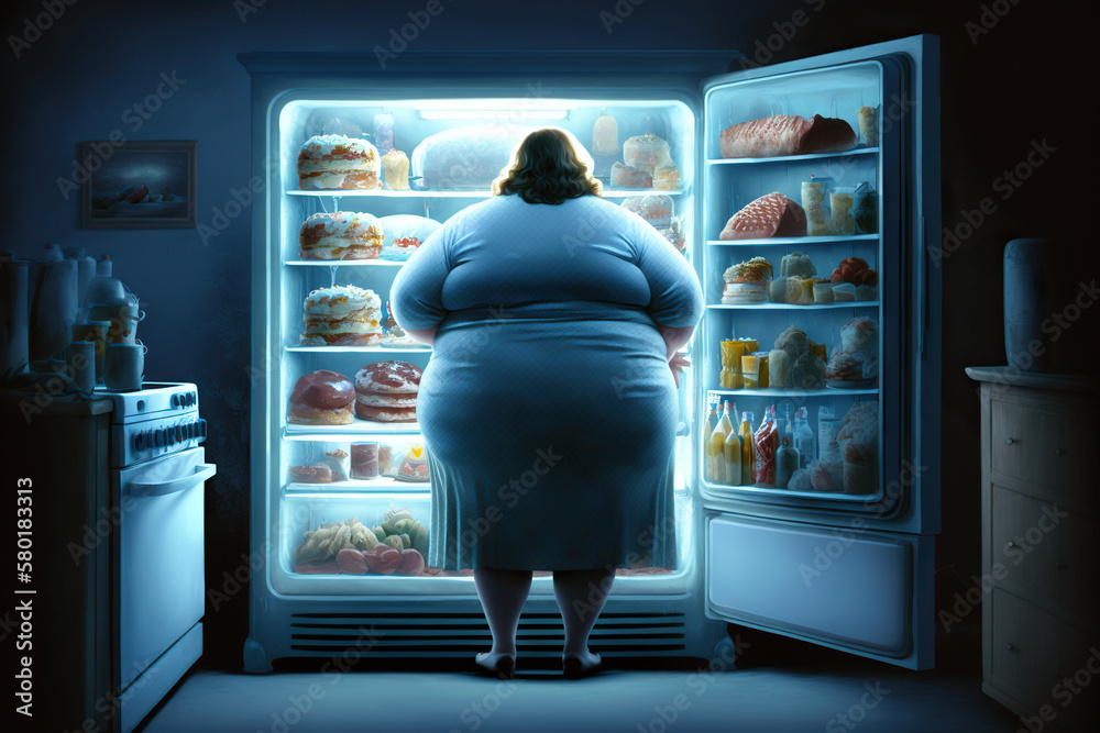 ภาพประกอบสต็อก A very fat woman looks into an opened fridge, concept of