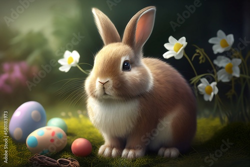 Cute Easter bunny, drawn by AI, surrounded by Easter eggs and greenery in the background © ArtStage