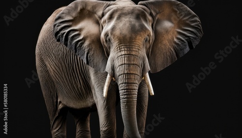 A majestic elephant standing tall on a black background. The soft lighting highlights the elephant's gentle eyes and wrinkled skin. Isolated on a black background. generative ai


