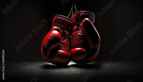 A pair of bright red boxing gloves on a black background. The lighting is moody and dramatic, casting deep shadows and emphasizing the gloves' power. generative ai