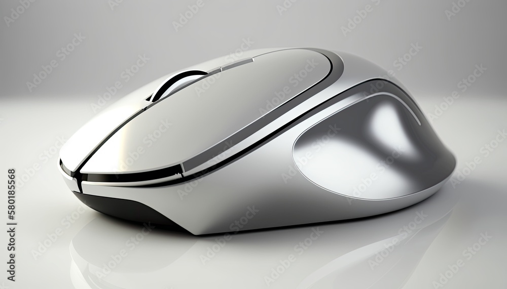 A white and silver computer mouse, with a sleek and minimalist design. The mood is modern and clean, with a techy and futuristic atmosphere. Lighting is focused on the mouse, generative ai A white and silver computer mouse, with a sleek and minimalist design. The mood is modern and clean, with a techy and futuristic atmosphere. Lighting is focused on the mouse, generative ai