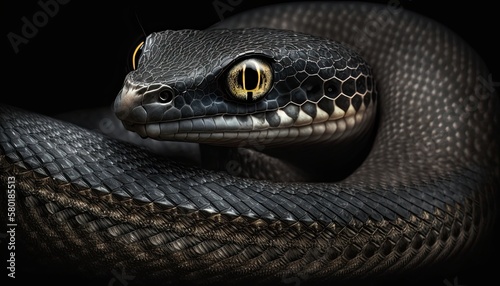 A sleek black snake slithering on a black background. The sharp lighting accentuates the snake's smooth scales and intense gaze. Isolated on a black background. generative ai