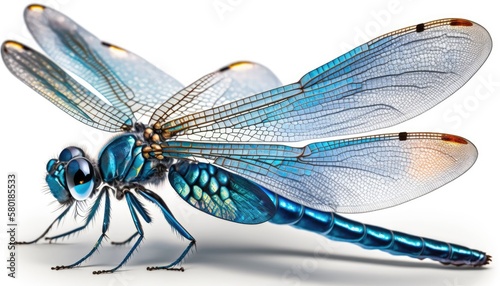 A striking blue dragonfly with shimmering wings perched on a white background. The bright lighting highlights the dragonfly's metallic sheen and intricate wings. white background. generative ai