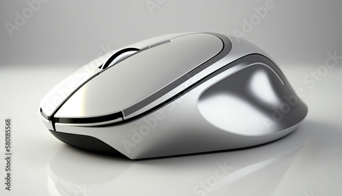 A white and silver computer mouse, with a sleek and minimalist design. The mood is modern and clean, with a techy and futuristic atmosphere. Lighting is focused on the mouse, generative ai