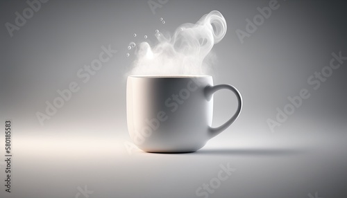 A white coffee mug with steam rising from the top, positioned at an angle to show off its curves. The mood is cozy and inviting, with a warm and comfortable atmosphere. generative ai 