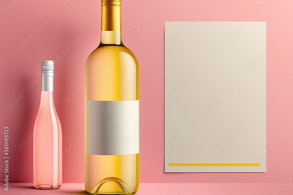 Blank wine bottle label. Copy space and a bottle of white wine on a pink background. Generative AI