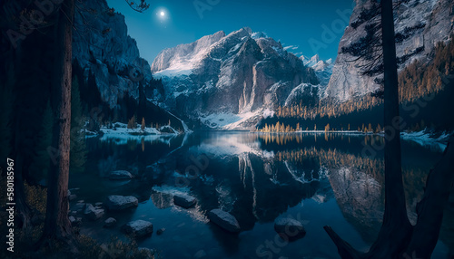 Lake Braies landscape, mountains, lake, landscape, reflection, nature, Italy, Dolomites, alps, Generative Ai, panoramic view, blue sky, turquoise water, outdoor, travel, 