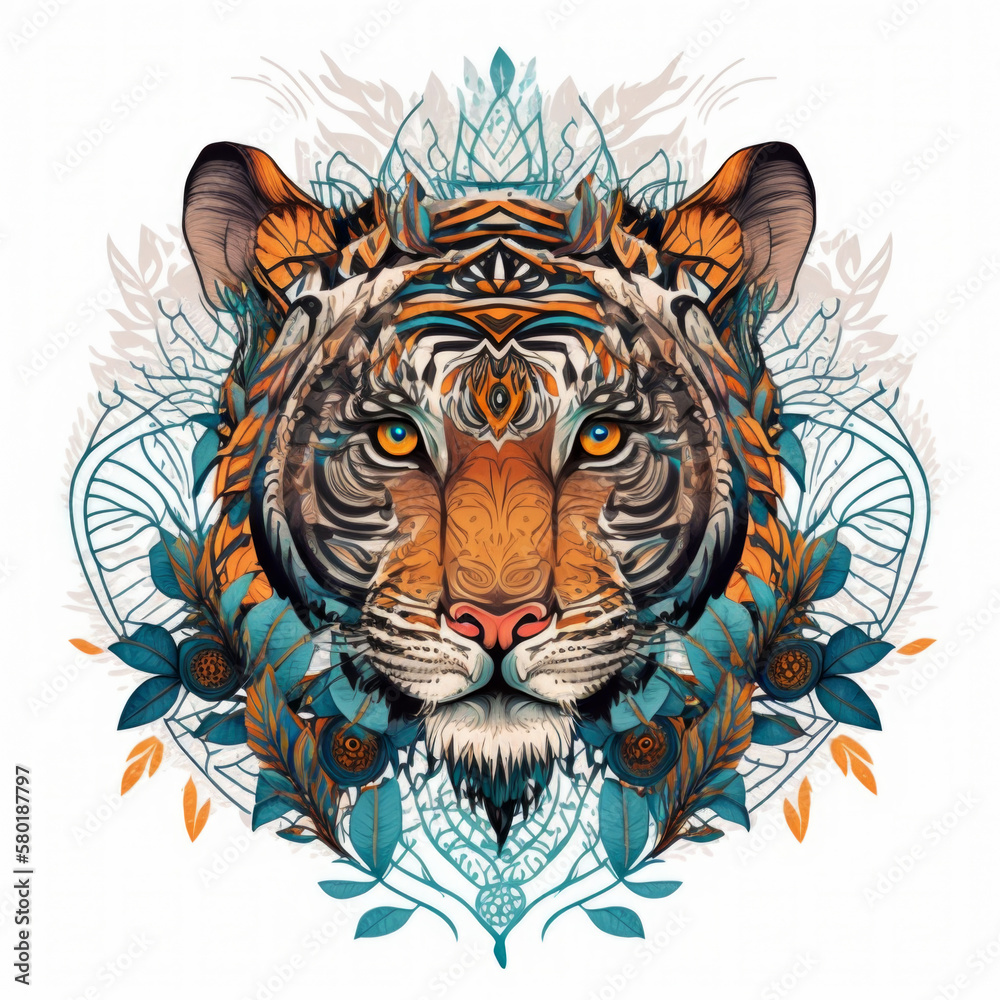 Colorful detailed tiger mandala art on a white background. Created with Generative AI technology.