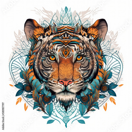 Colorful detailed tiger mandala art on a white background. Created with Generative AI technology.