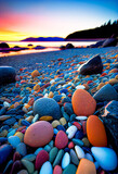Beautiful colored stones at the beach on sunset 
