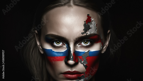 Russia. A beautiful young woman with paint in the colors of national flag of Russia. How AI sees the countries of the world if we imagine that they are people. digital ai art. © Viks_jin