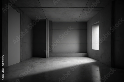 a rough cement floor and an abstracted empty contemporary concrete room with indirect lighting from above make up this industrial interior backdrop template. Generative AI
