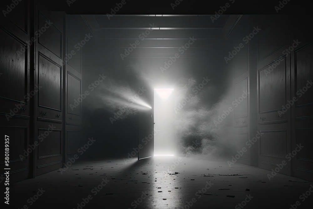 An ambient dark room serves as a backdrop. A void surrounded by lights, smoke, a glow, and a ray of light. Generative AI