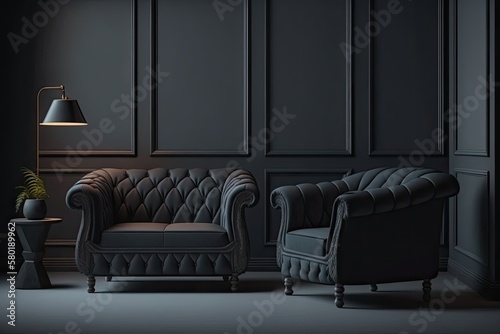 a sofa and an armchair are in the room against a background of an empty, black wall. Generative AI