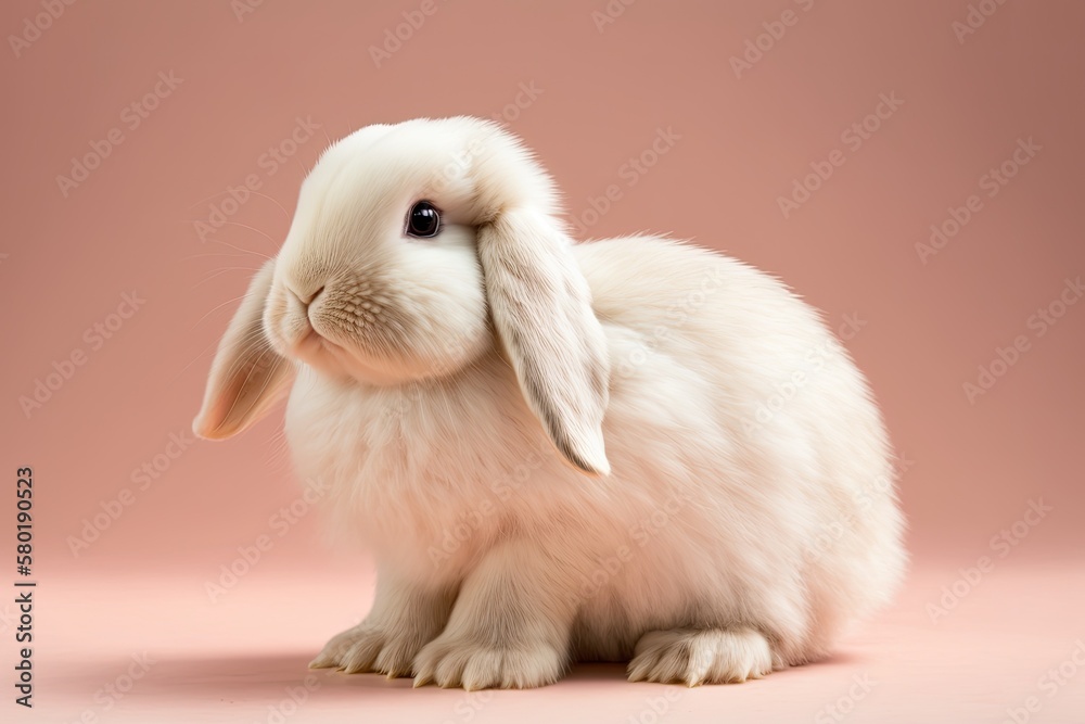 White young Holland lop rabbit standing in front of a pink backdrop. Lovely movement by the juvenile rabbit. Generative AI White young Holland lop rabbit standing in front of a pink backdrop. Lovely movement by the juvenile rabbit. Generative AI