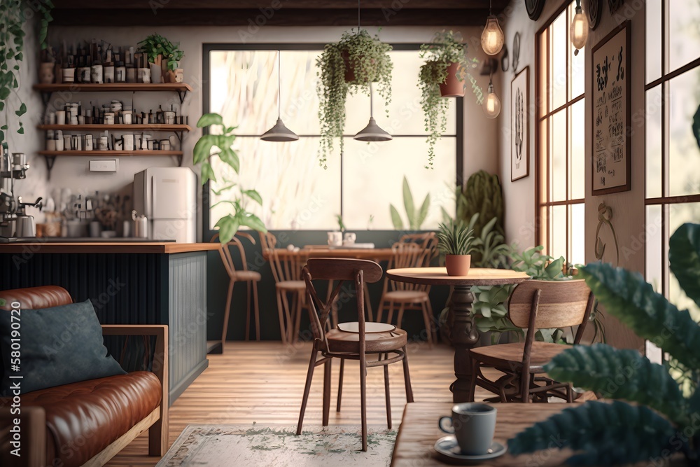 A coffee shop with a large window and a wooden table made with generative AI