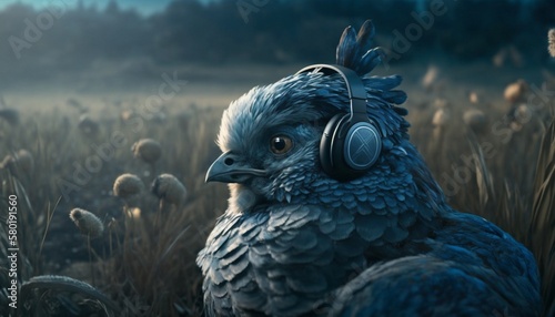 Animal wearing headphones , chicken , music , generative AI 