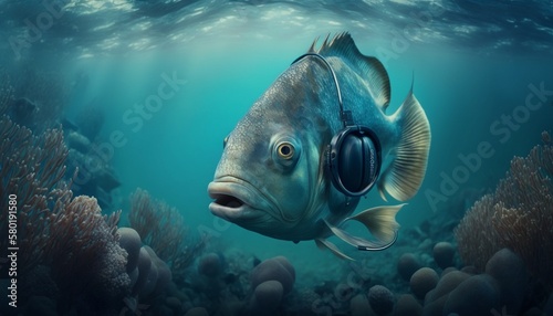 Animal wearing headphone , fish , music , generative AI  © Drawtech