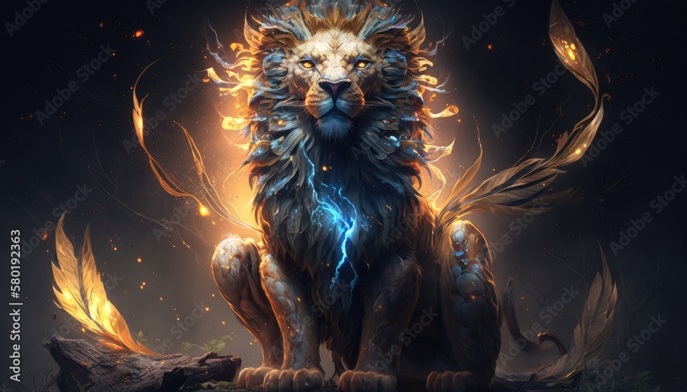 mighty fantasy lion with flames and glowing light. Created with Generative AI.